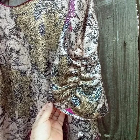 Anthropologie Top Womens Sz 18W Pink Marie Sequin Puff Sleeve Blouse New Floral - Picture 6 of 16